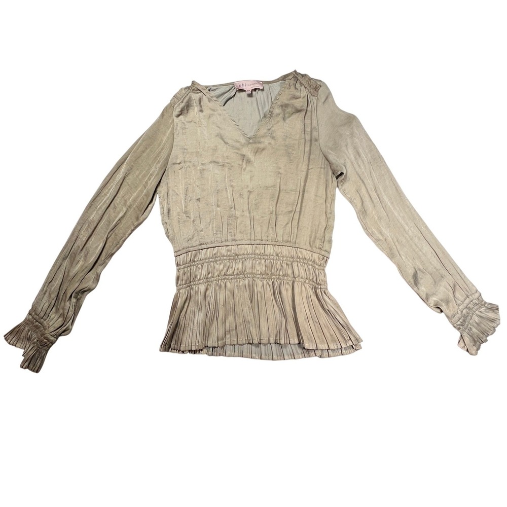 Soft Sage Smocked Waist Peplum Blouse Romantic Minimal Cottage Core XS Ethereal - Picture 2 of 8